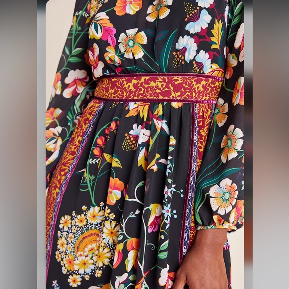 Anthropologie Floral Patchwork Velvet Trim Midi Dress Size 16 Boho Modest - Picture 4 of 16